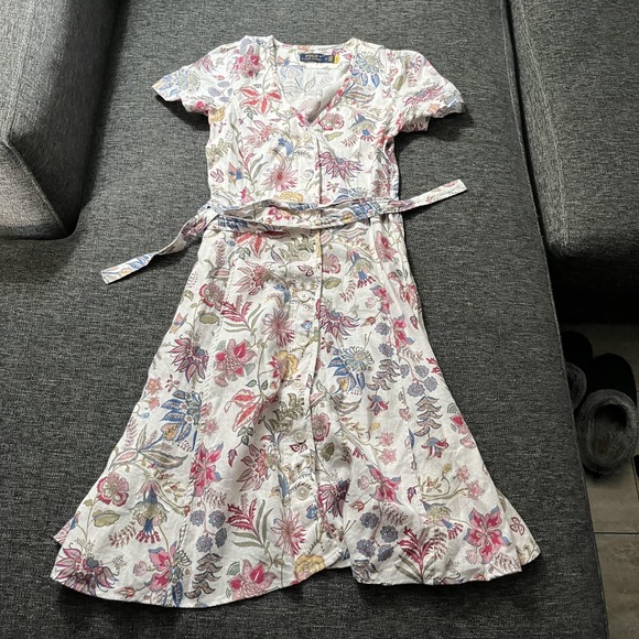 Polo Ralph Lauren Dress Womens 00 White Floral Button Front Fit & Flare Midi